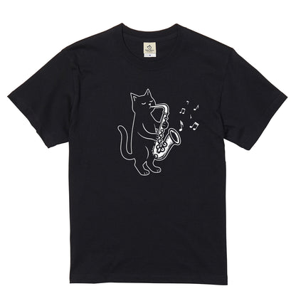 サックスを吹く猫Tシャツ｜音楽好きに人気