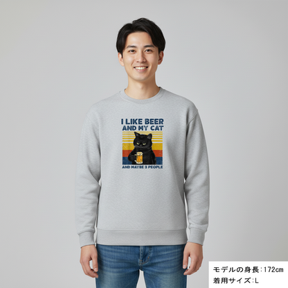 「I LIKE BEER AND MY CAT 」誕生日プレゼントにも最適！居酒屋・飲み会で話題の面白トレーナー｜日本酒・ビール・焼酎・ウイスキー好きにおすすめ