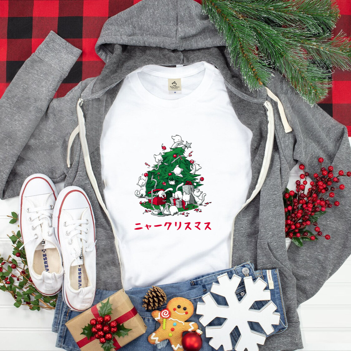 【クリスマス限定商品】猫tシャツ ねこ 猫イラスト 猫クリスマス.