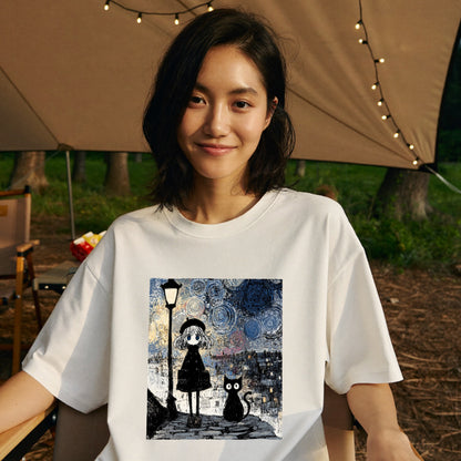 星月夜と少女 黒猫 Tシャツ ｜ 猫好き・ゴッホ風・絵画・アニメ好きに人気