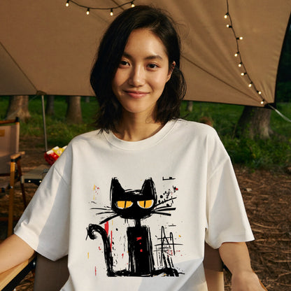 手描き風 黒猫アート Tシャツ ｜ 猫好き・個性的ファッションに人気