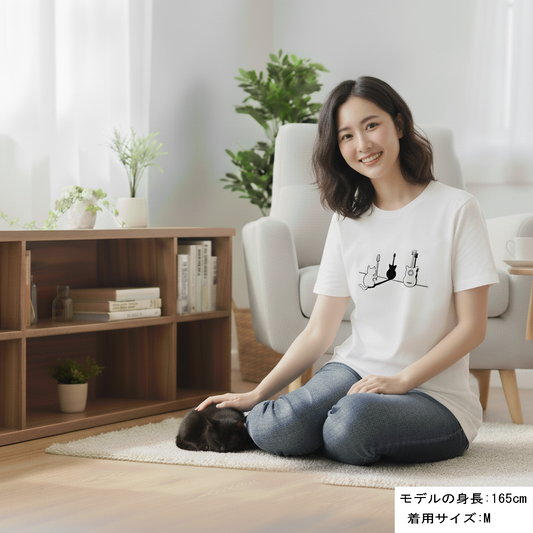 猫tシャツ ねこ かわいい猫イラスト 猫ギター |アダルト&キッズサイズ