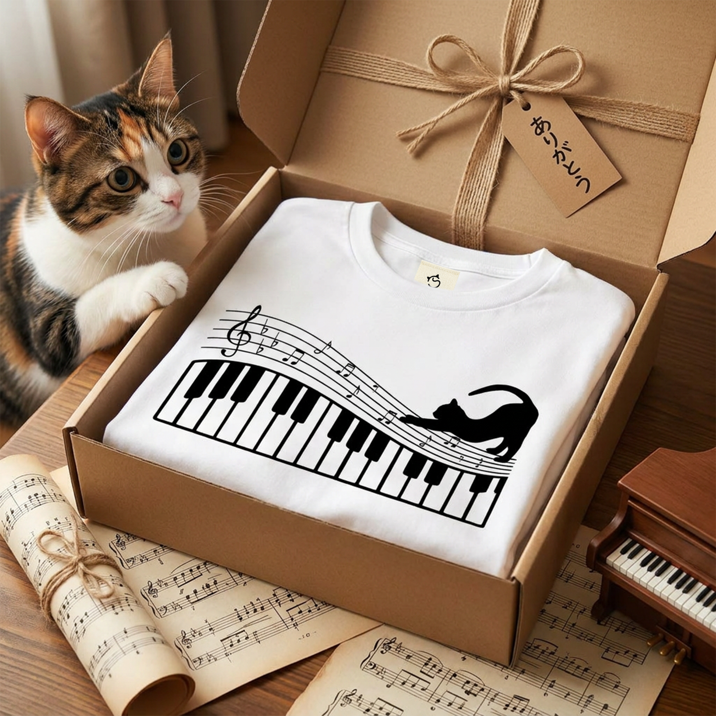 猫ピアノTシャツ｜音楽好きに人気