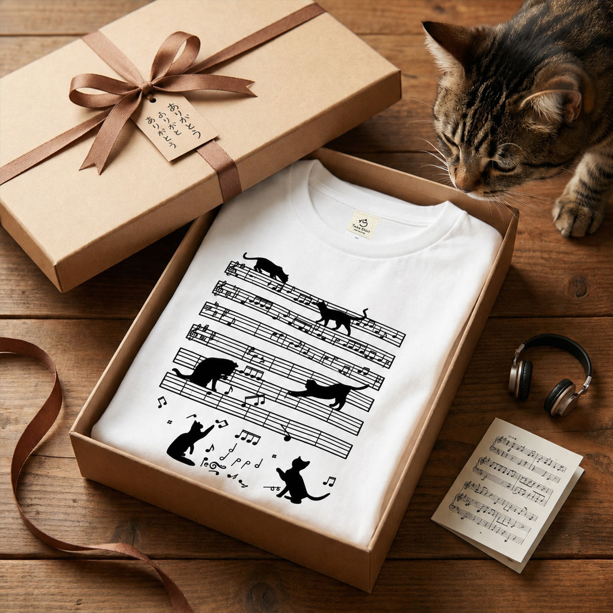 猫音楽譜 Tシャツ | 音楽好きに人気