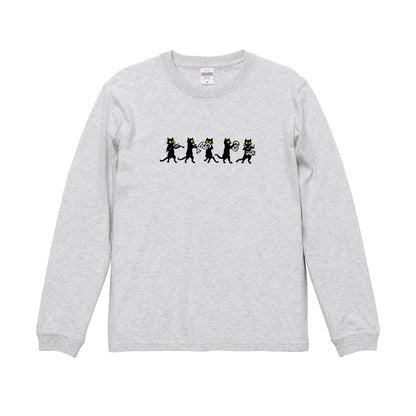猫 長袖Tシャツ｜黒猫 音楽隊 イラスト｜ねこ ロンT メンズ レディース S-2XL