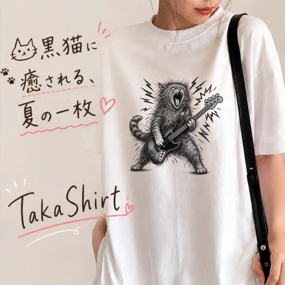 かっこいい猫 | 暴れる猫 ベーシスト エレキベース ロックTシャツ【猫好き・愛猫家・音楽好き・ギフトに最適】