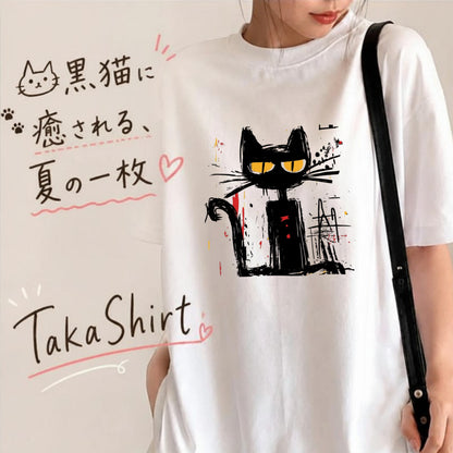 手描き風 黒猫アート Tシャツ ｜ 猫好き・個性的ファッションに人気