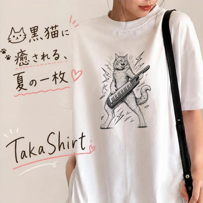 ロックキャット | かっこいい猫 ショルダーキーボード キーター 演奏 イラスト Tシャツ【猫好き・音楽好き・誕生日ギフトに最適】