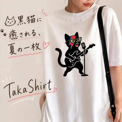ロックスター 黒猫 ギター Tシャツ ｜ 猫好き・音楽好き・ロックに人気