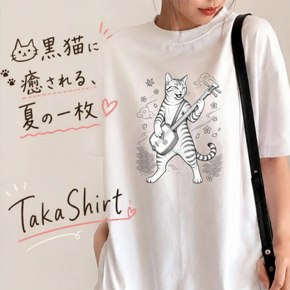 三味線猫 | 三味線 猫 和風 浮世絵風 イラスト Tシャツ【猫好き・和柄・伝統芸能・誕生日ギフトに最適】