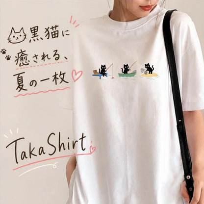 釣り黒猫 Tシャツ ｜ 猫好き・釣り好きに人気