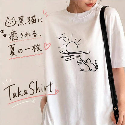 猫と毛糸の夕日 Line Art Tシャツ ｜ 猫好き・おしゃれ・ナチュラルに人気