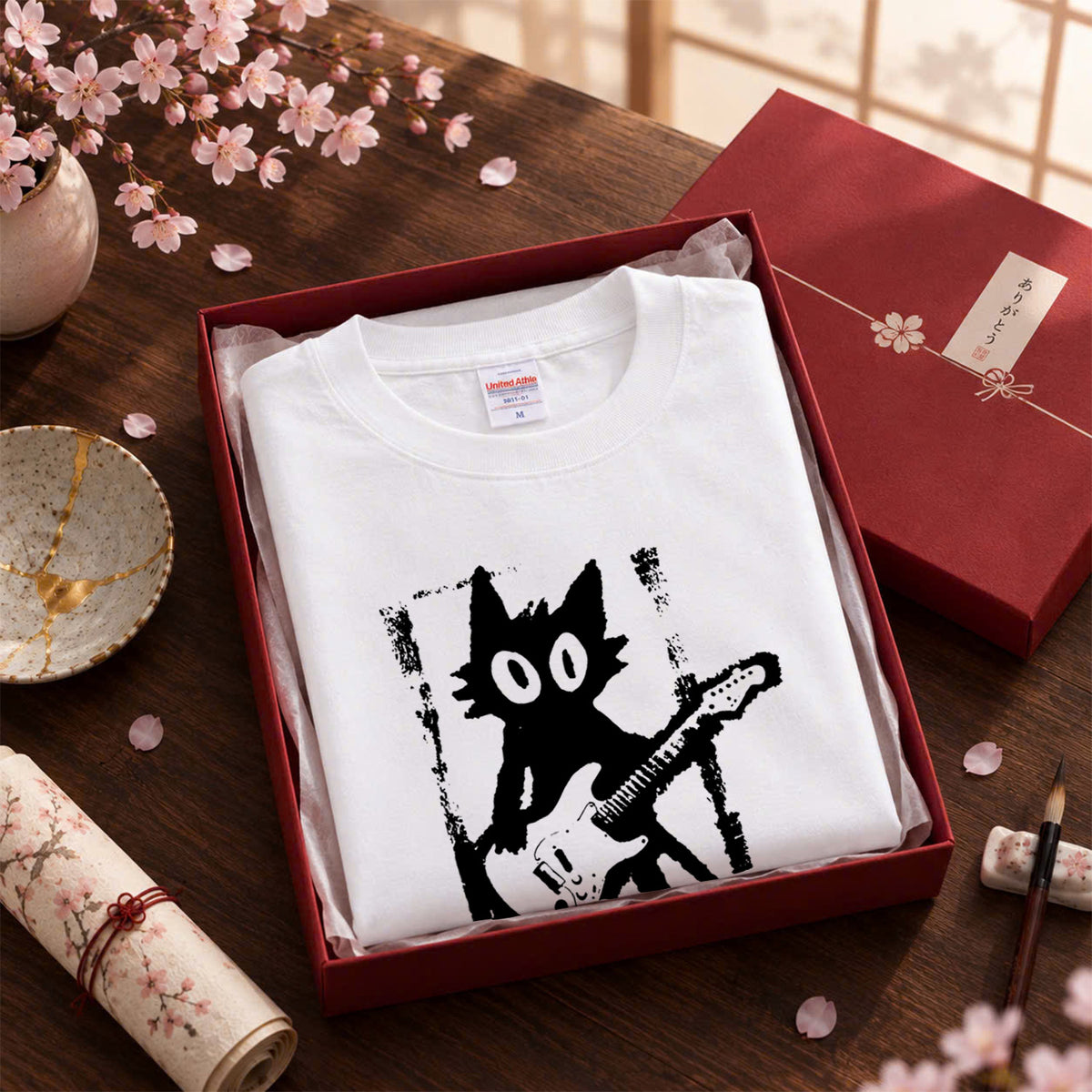 猫 長袖Tシャツ｜猫ギターロック  イラスト｜ねこ ロンT メンズ レディース S-2XL