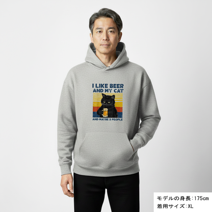 「I LIKE BEER AND MY CAT 」誕生日プレゼントにも最適！居酒屋・飲み会で話題の面白パーカー｜日本酒・ビール・焼酎・ウイスキー好きにおすすめ