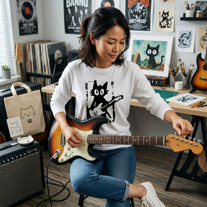 猫 長袖Tシャツ｜猫ギターロック  イラスト｜ねこ ロンT メンズ レディース S-2XL