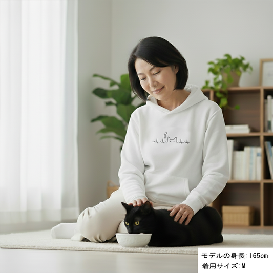 猫 パーカー ねこ かわいい 猫イラスト ハートビート猫 心電図 ｜アダルト&キッズサイズ