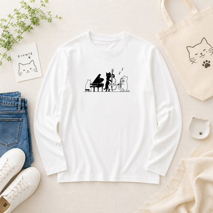 猫 長袖Tシャツ｜ジャズバンド猫イラスト｜ねこ ロンT メンズ レディース S-2XL