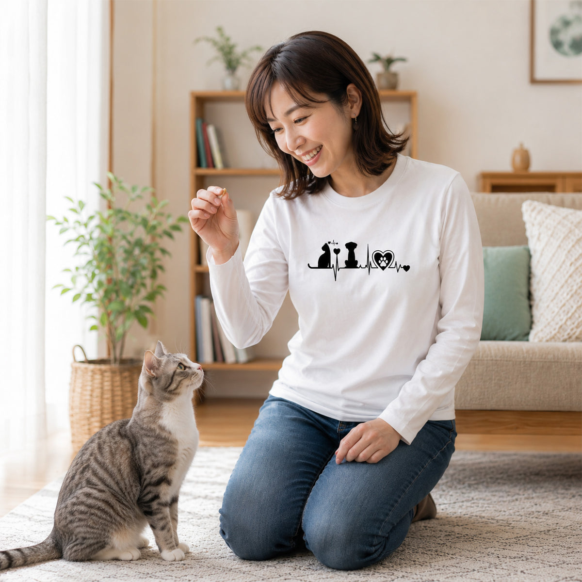 猫 長袖Tシャツ｜猫と犬 ハートビート 猫イラスト｜ねこ ロンT メンズ レディース S-2XL