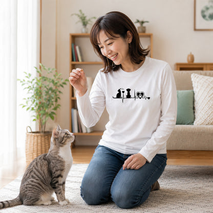 猫 長袖Tシャツ｜猫と犬 ハートビート 猫イラスト｜ねこ ロンT メンズ レディース S-2XL