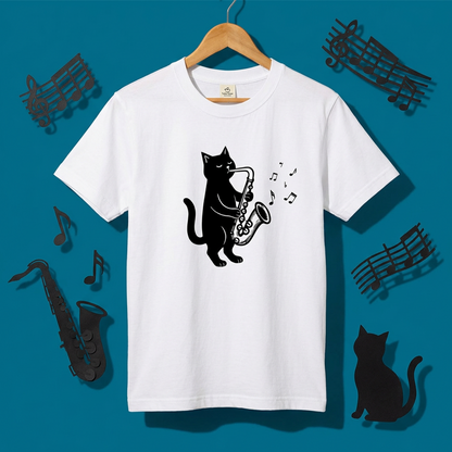 サックスを吹く猫Tシャツ｜音楽好きに人気
