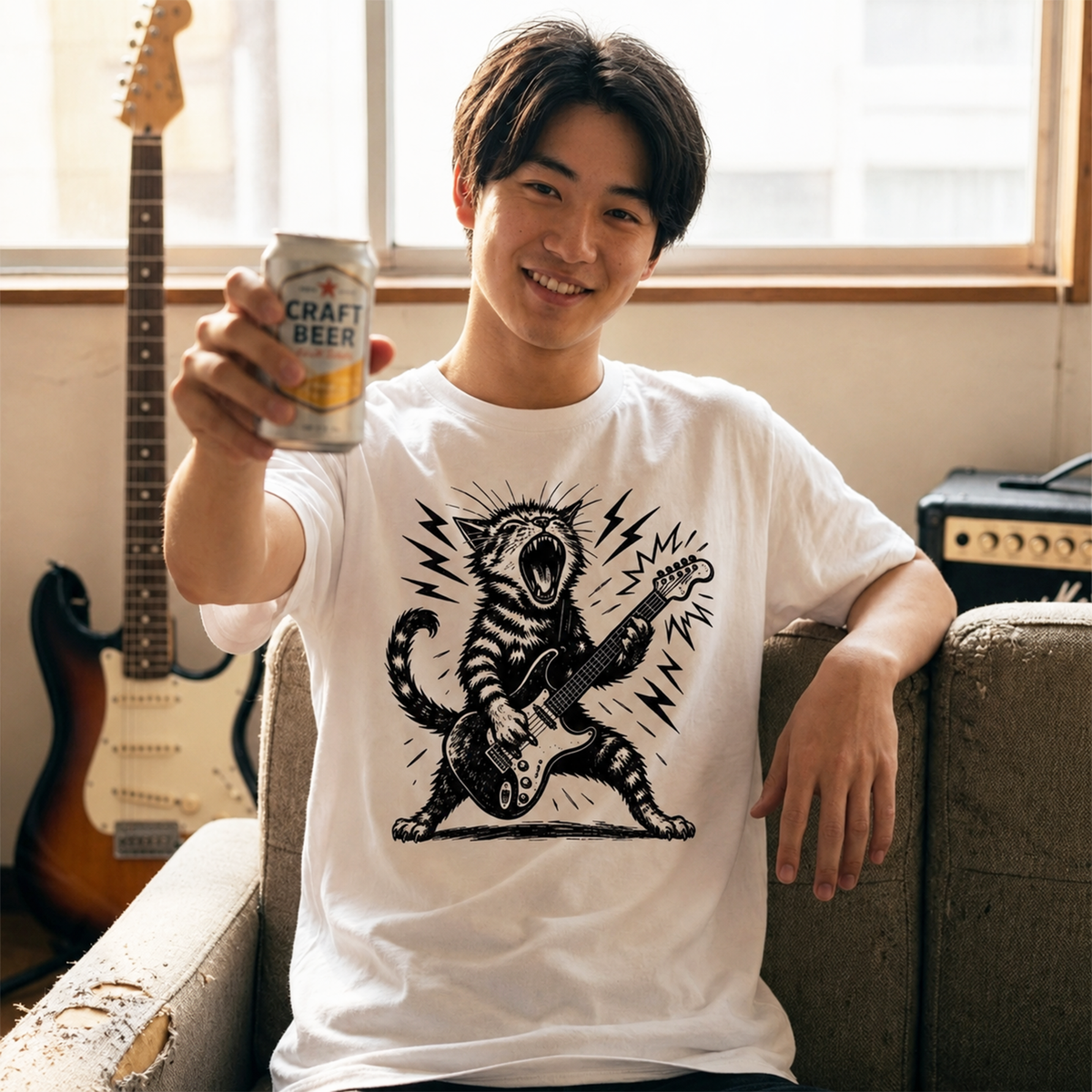 ロック猫ギター Tシャツ | 音楽好きに人気
