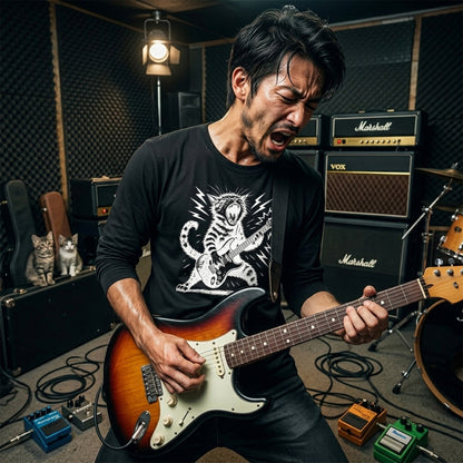 猫 長袖Tシャツ｜ロック猫ギター  イラスト｜ねこ ロンT メンズ レディース S-2XL