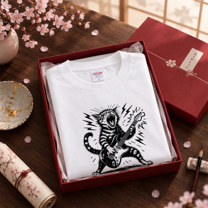 猫 長袖Tシャツ｜ロック猫ギター  イラスト｜ねこ ロンT メンズ レディース S-2XL