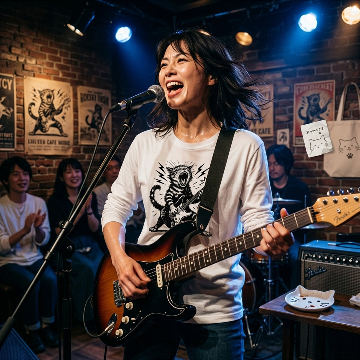 猫 長袖Tシャツ｜ロック猫ギター  イラスト｜ねこ ロンT メンズ レディース S-2XL