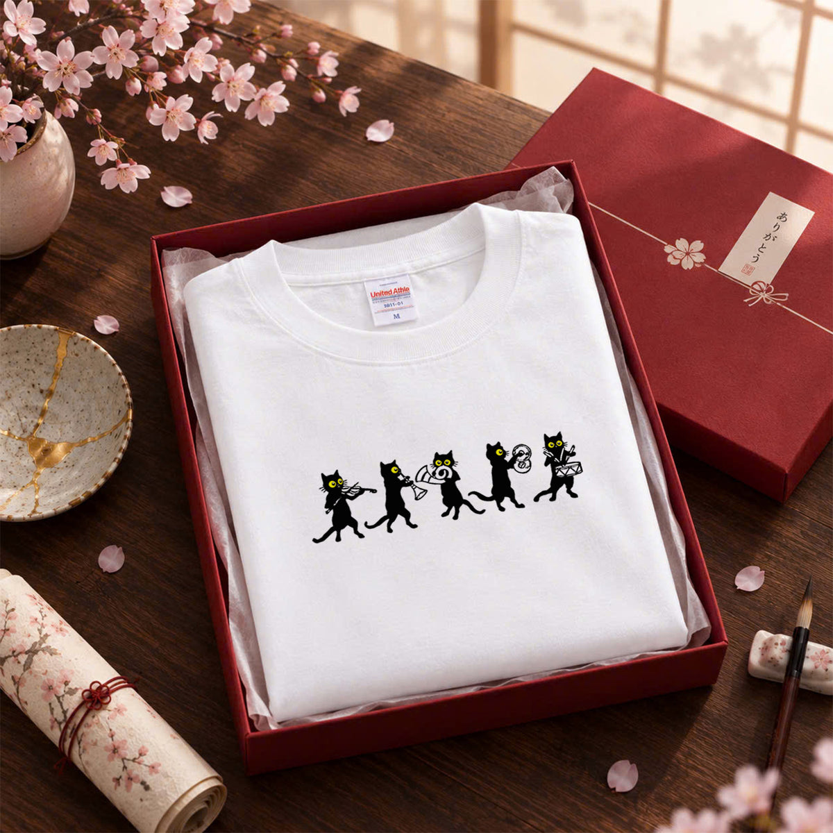 猫 長袖Tシャツ｜黒猫 音楽隊 イラスト｜ねこ ロンT メンズ レディース S-2XL