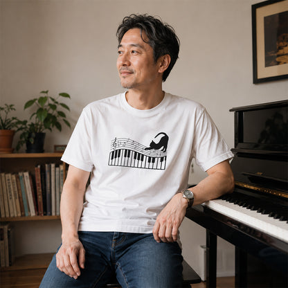 猫ピアノTシャツ｜音楽好きに人気