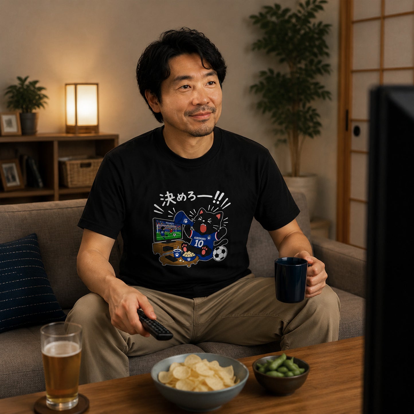 くろまるワールドカップTシャツ｜決めろー！！サッカー観戦 猫Tシャツ