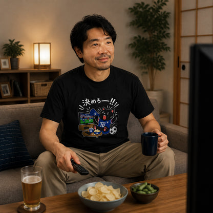 くろまるワールドカップTシャツ｜決めろー！！サッカー観戦 猫Tシャツ