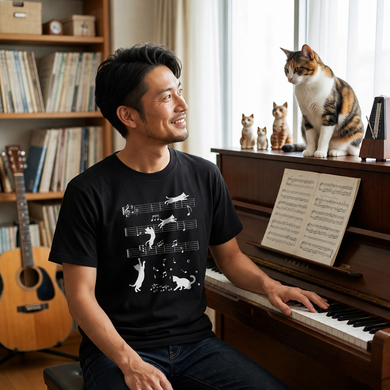 猫ミュージックノート Tシャツ | 音楽家 ギフト