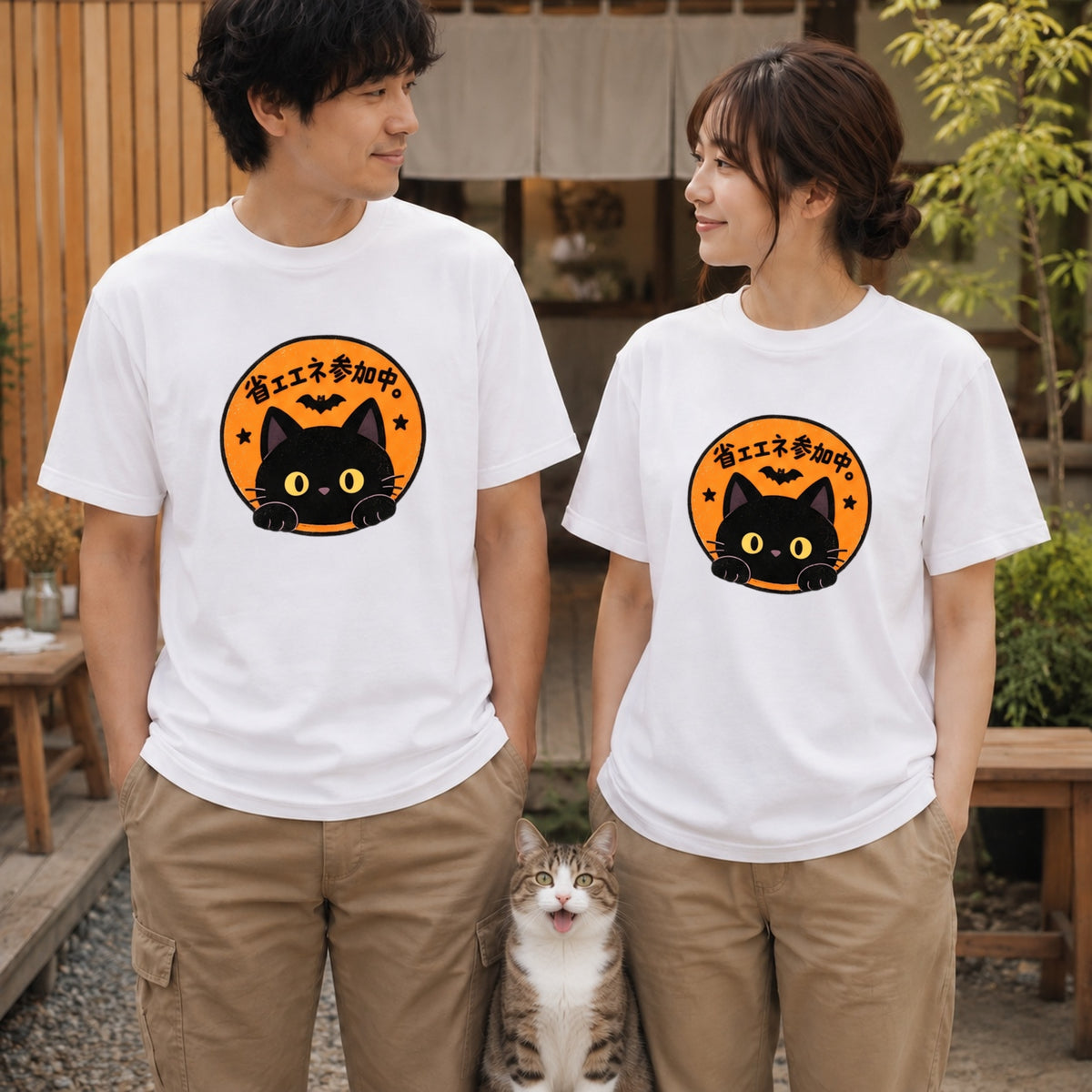 Halloween Black Cat Badge ハロウィン 黒猫「省エネ参加中。」猫好き おもしろ Tシャツ｜フロントプリント