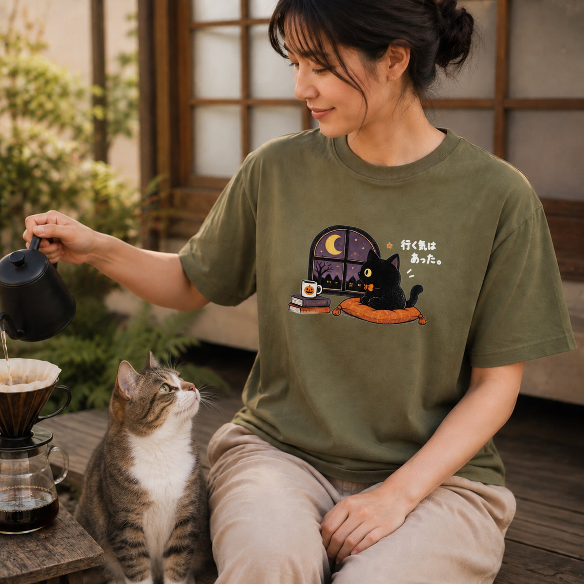 Halloween Black Cat Staying In ハロウィン 黒猫「行く気はあった。」おうち時間 猫好き Tシャツ｜フロントプリント