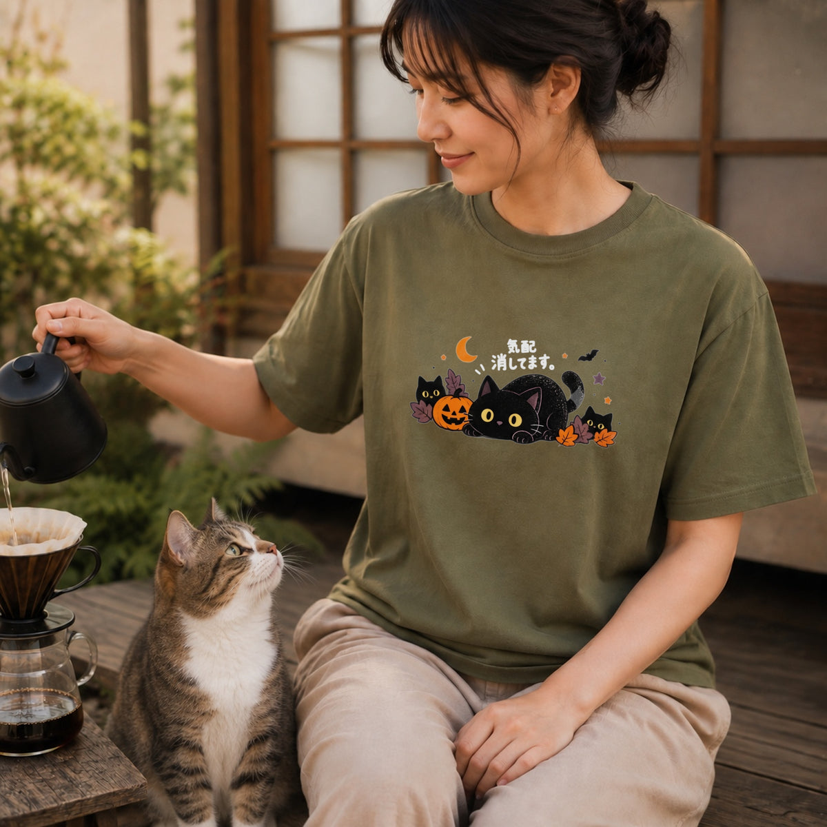 Halloween Black Cat Stealth ハロウィン 黒猫「気配消してます。」かぼちゃ 猫好き Tシャツ｜フロントプリント
