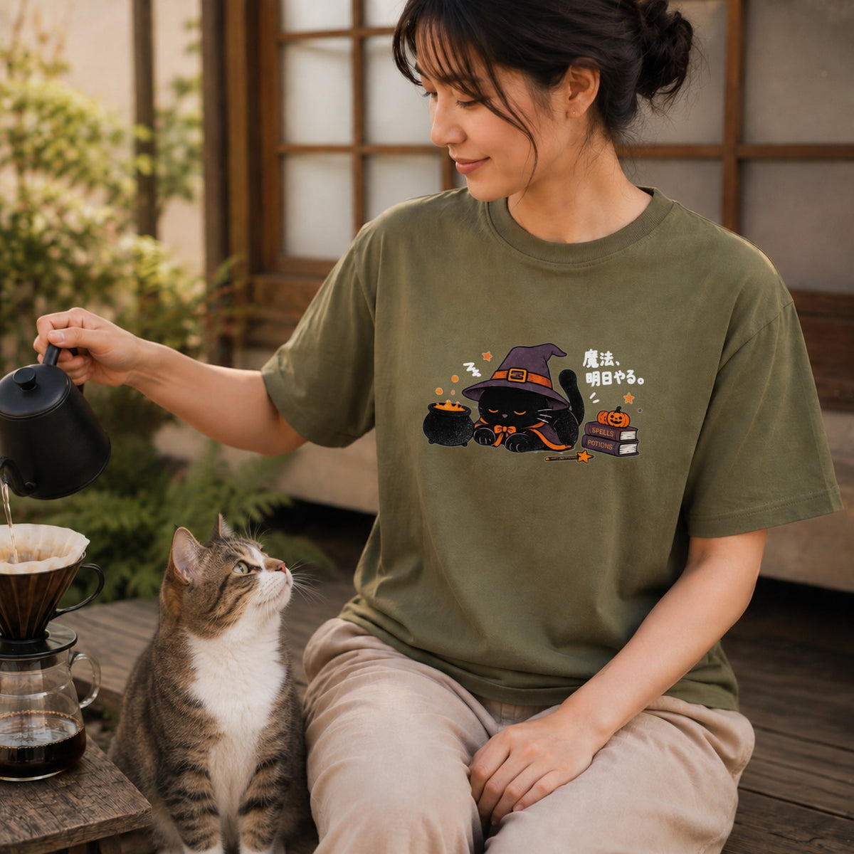 Halloween Black Cat Witch ハロウィン 黒猫「魔法、明日やる。」魔女 猫好き Tシャツ｜フロントプリント
