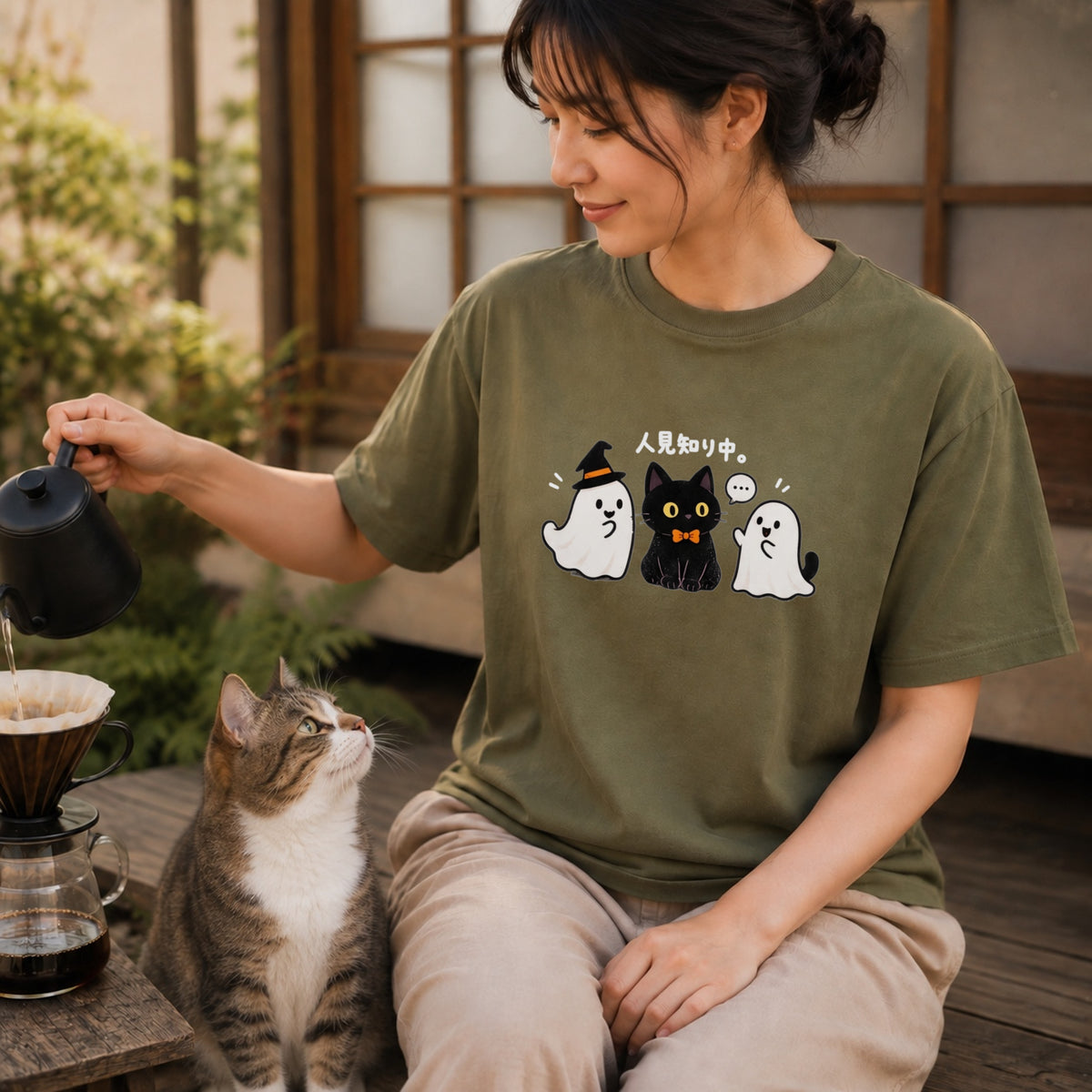 Halloween Black Cat Shy Ghost ハロウィン 黒猫「人見知り中。」おばけ 猫好き Tシャツ｜フロントプリント
