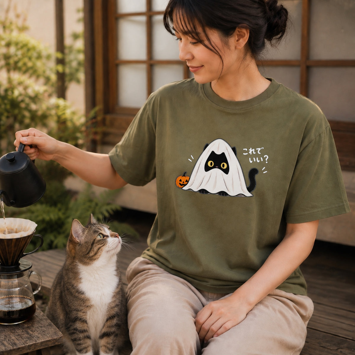 Halloween Ghost Cat ハロウィン おばけ黒猫「これでいい？」仮装 猫好き Tシャツ｜フロントプリント