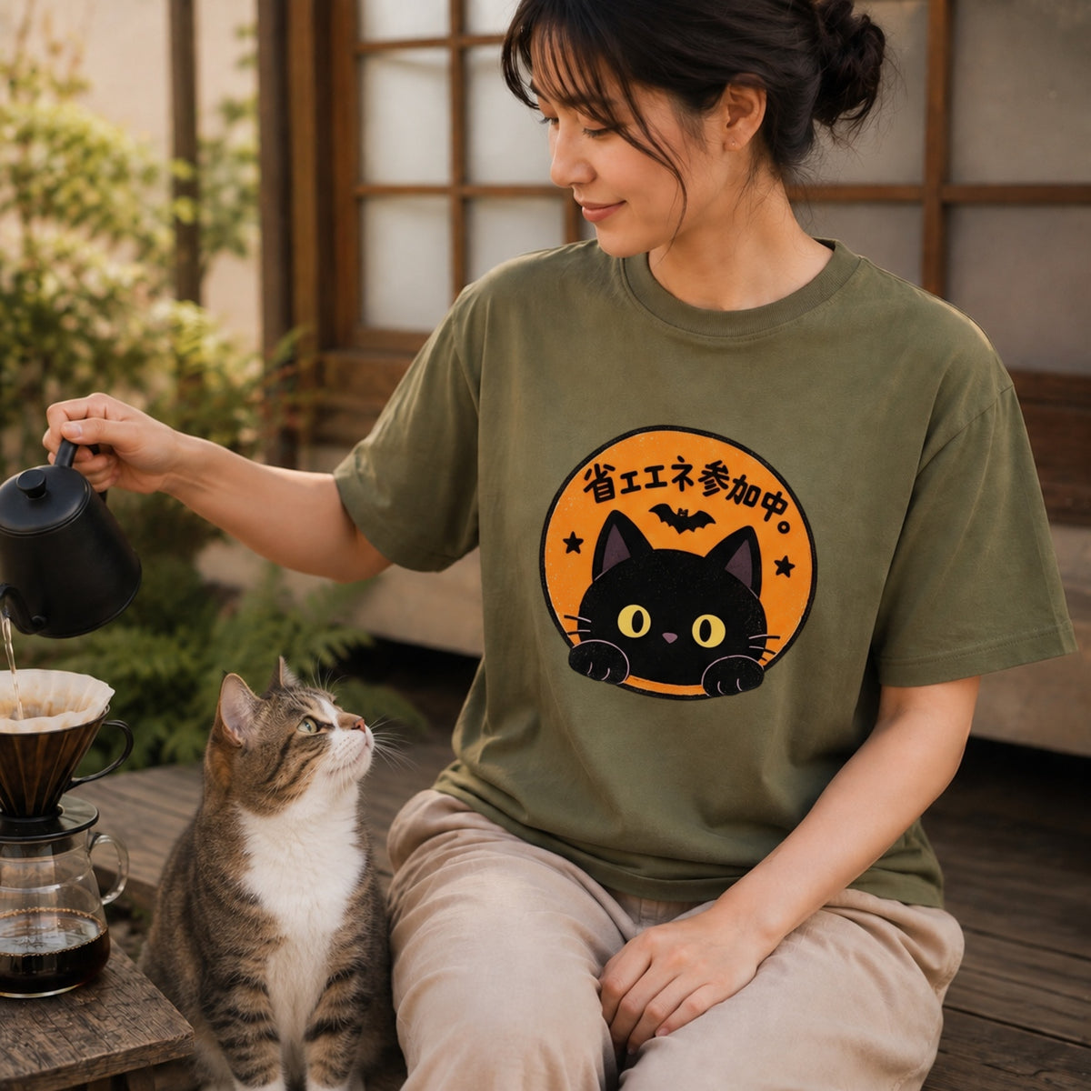 Halloween Black Cat Badge ハロウィン 黒猫「省エネ参加中。」猫好き おもしろ Tシャツ｜フロントプリント