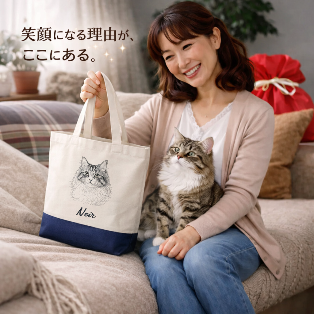 【プレゼントにおすすめ】名入れ＆アートに変換写真入れ｜うちの子オリジナル トートバッグ｜ペット（猫/犬）ギフト・誕生日/クリスマス/母の日対応