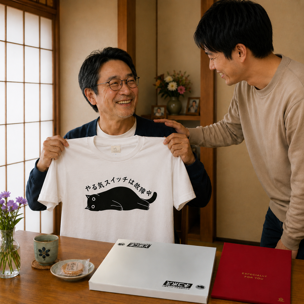 やる気スイッチは故障中猫Tシャツ｜おもしろ猫デザイン