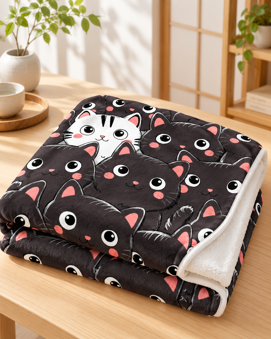 Black And White Cat Pattern 黒猫だらけに白猫が1匹 ブランケット ひざ掛け