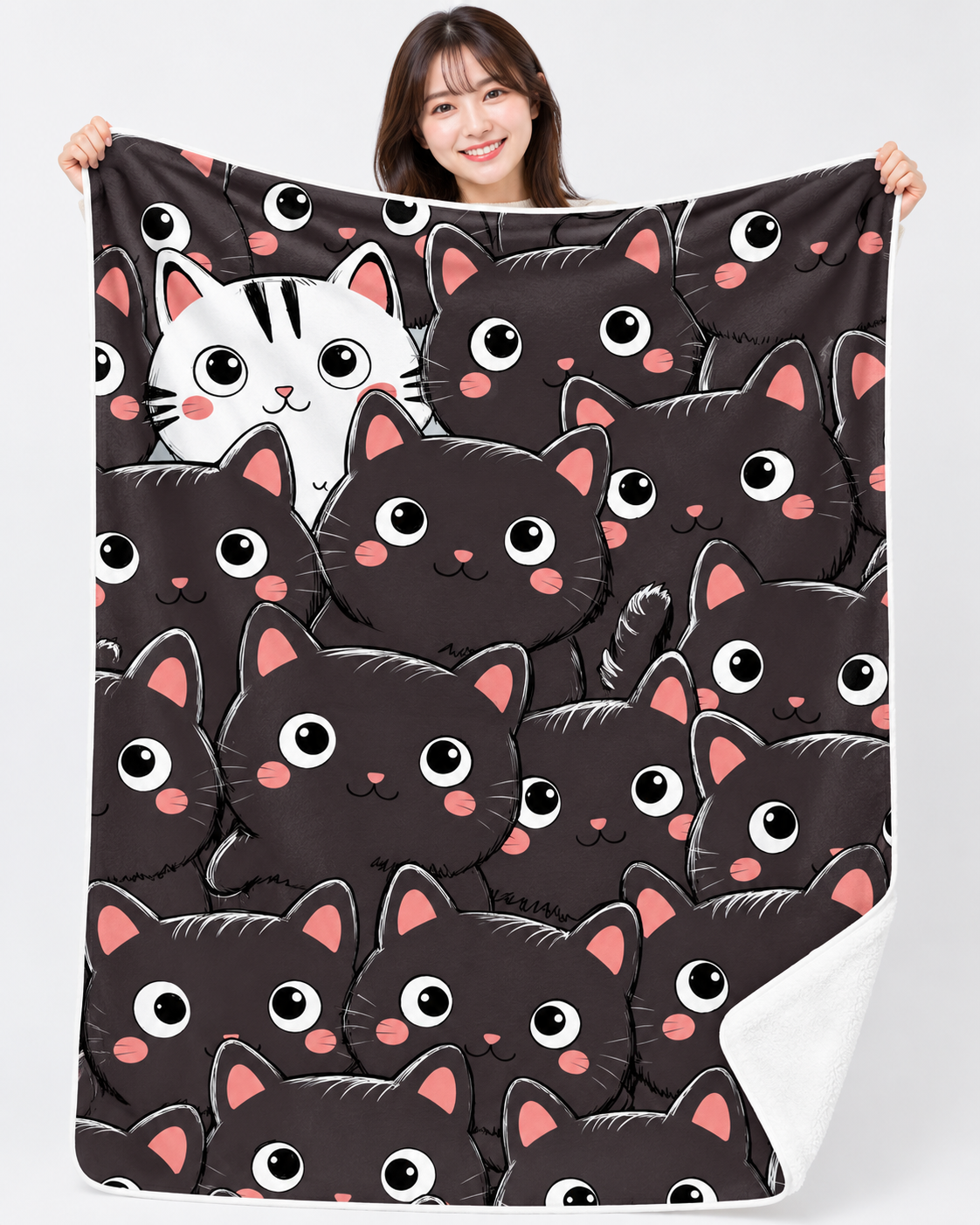Black And White Cat Pattern 黒猫だらけに白猫が1匹 ブランケット ひざ掛け