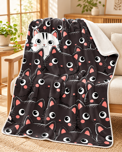 Black And White Cat Pattern 黒猫だらけに白猫が1匹 ブランケット ひざ掛け