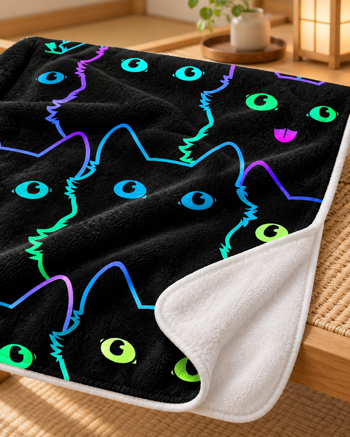 Neon Silhouette Black Cats ネオン黒猫 シルエット ブランケット ひざ掛け