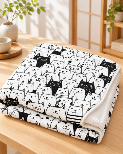 Monochrome Doodle Cats  モノクロ手描き猫ちゃん総柄 ブランケット ひざ掛け