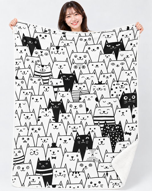 Monochrome Doodle Cats  モノクロ手描き猫ちゃん総柄 ブランケット ひざ掛け