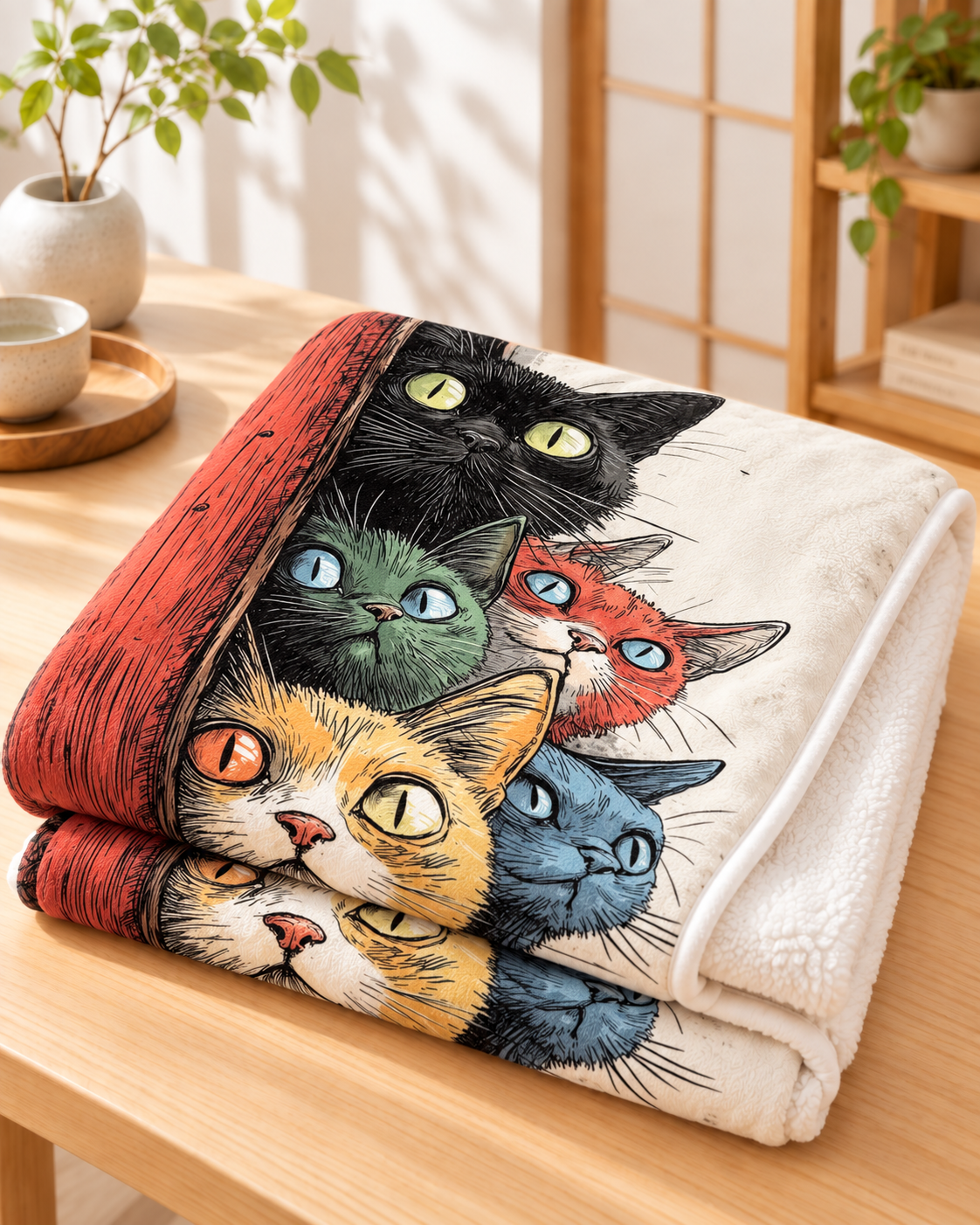 Peeking Colorful Cats ドアから覗くカラフル猫ちゃん ブランケット ひざ掛け