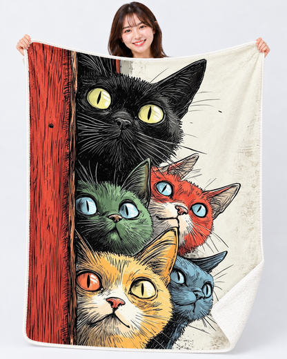 Peeking Colorful Cats ドアから覗くカラフル猫ちゃん ブランケット ひざ掛け